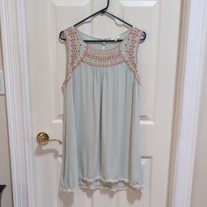 Kori America Women's Pale Green Boho Mini Dress w/Embroidered Details Size Large